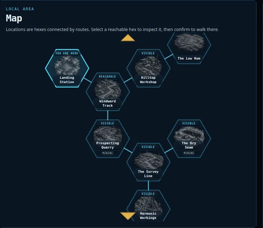 RuneSpace local Map view of Stillreach, from before Werner's Lab joined it: this screenshot shows the original eight connected locations, and the planet now has nine