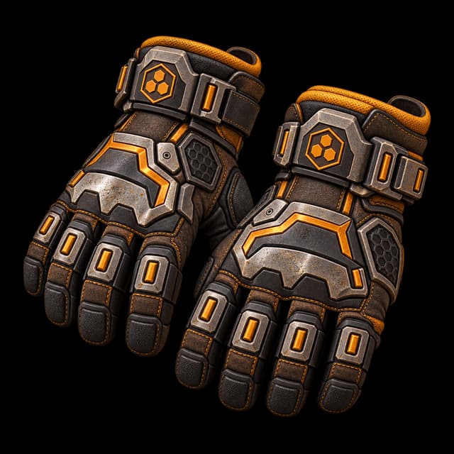 A pair of rugged charcoal and gunmetal industrial work gloves with steel knuckle reinforcements, warm amber trim and a small triple-hex insignia