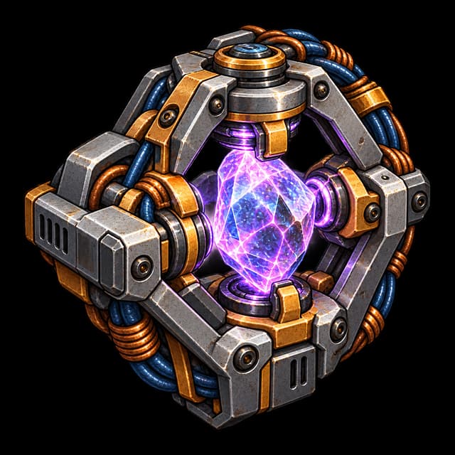 Rugged open Galvaferrite containment cradle with visible bolts and blue conductive winding, holding one intact purple-blue luminous Runestone suspended in the centre with clear air gaps around it